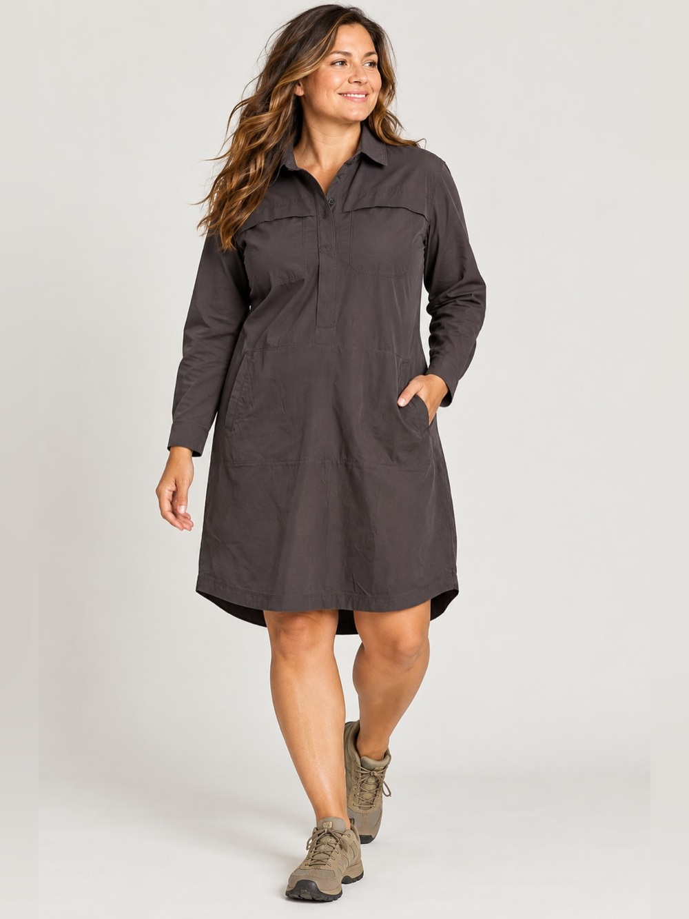 Title Nine Wren Utility Shirt Dress Charcoal Brown Stretch Button Front XL